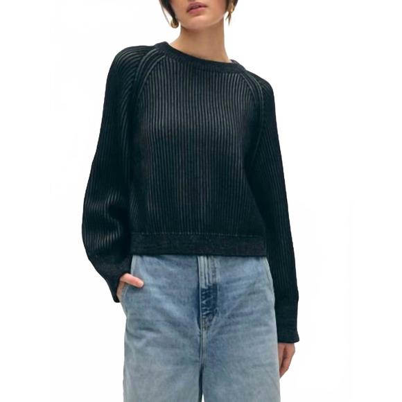 NEW WHITE + WARREN organic cotton plaited crewneck sweater in black/stone